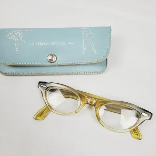 Vtg 1950s USA Horn Rim Childs Eyeglasses Frames w/ Case Girls Small 3.5" Cateye